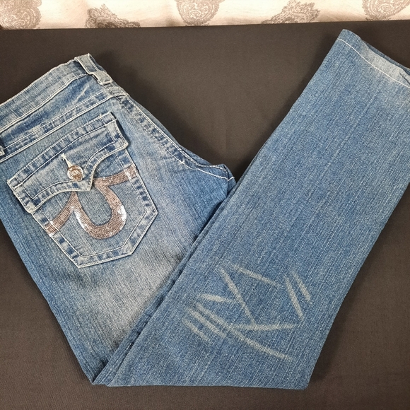 Size 30 True Religion Stretchy Jeans Metallic Silver Sequins & button pockets - Picture 7 of 12